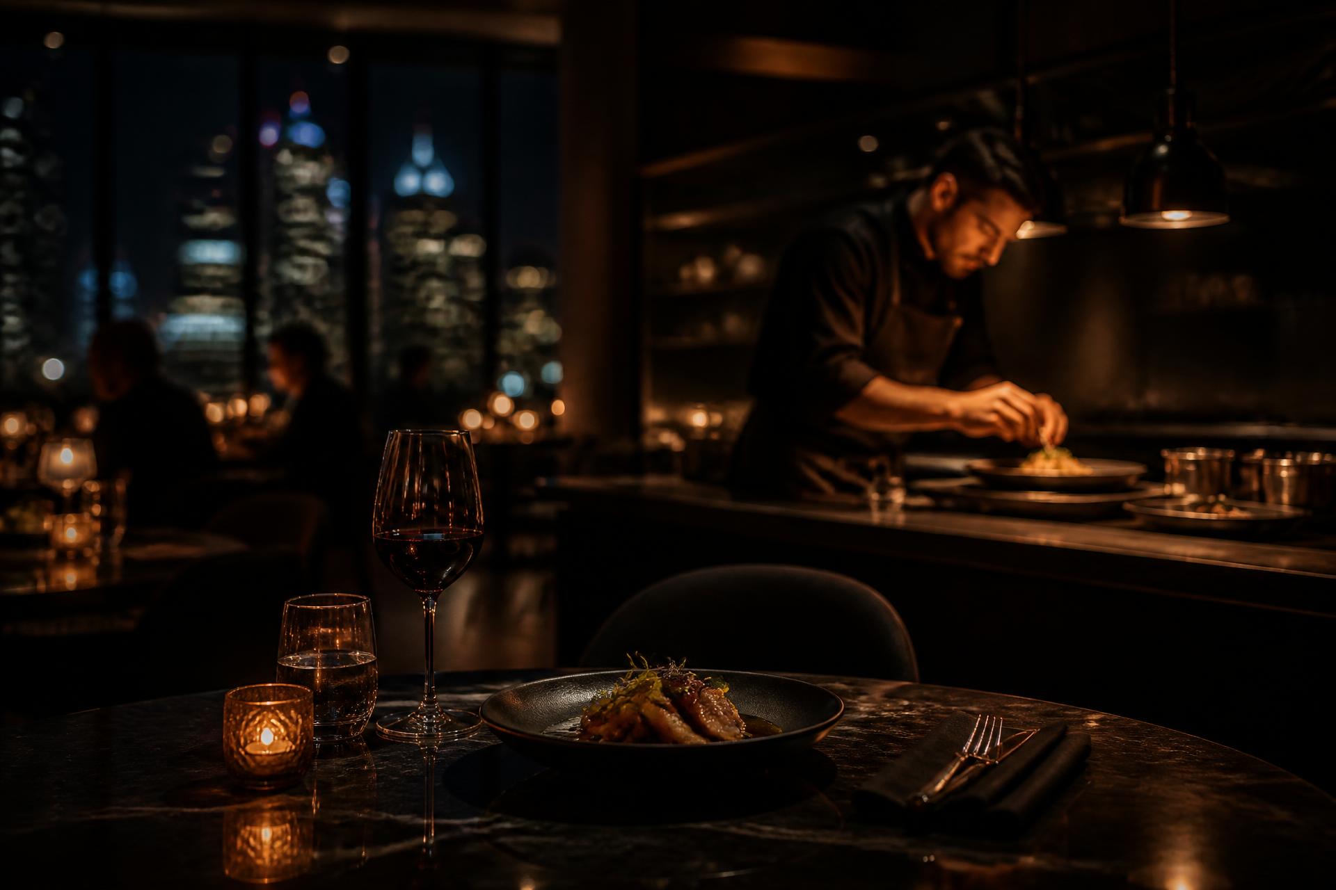 Cinematic view of a chef plating a dish in a dark, warmly lit restaurant